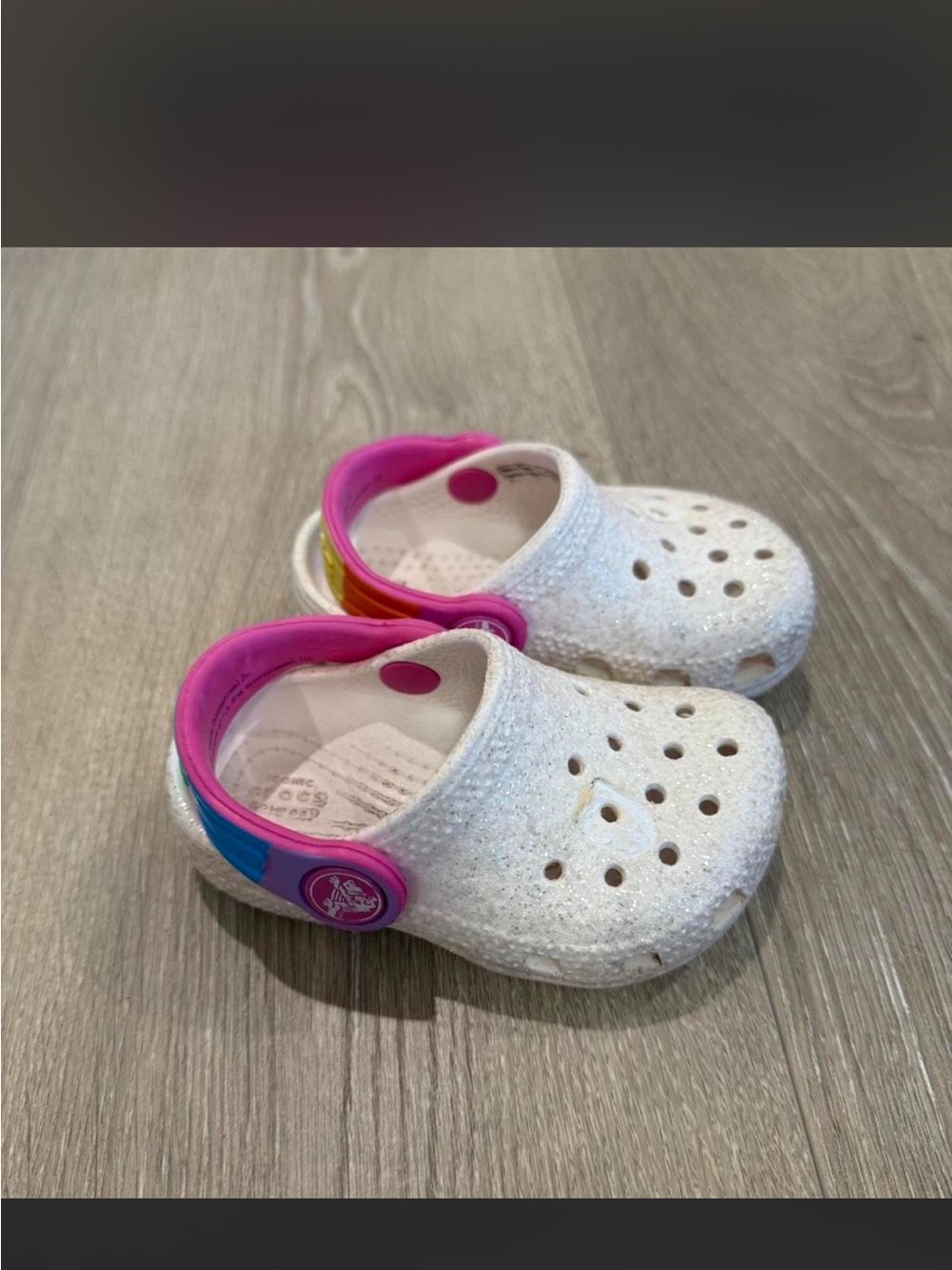 CROCS Kids White Glitter Clogs with Pink Rainbow Heel Strap
